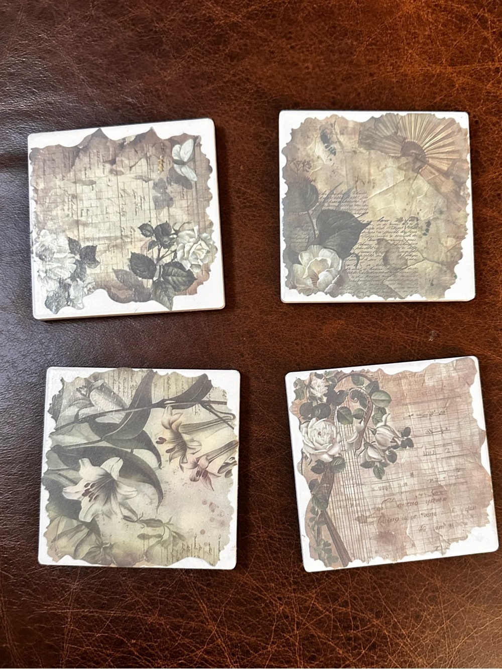 Hand Crafted Vintage print Floral Coasters set in Cream, Brown, Green